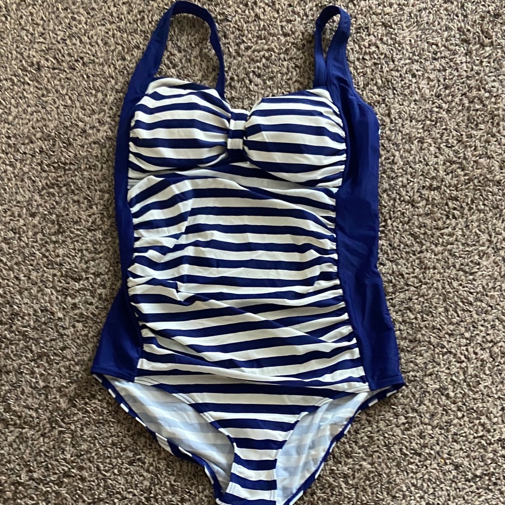 Kimi and Kai maternity Navy and White Striped One-Piece Swimsuit